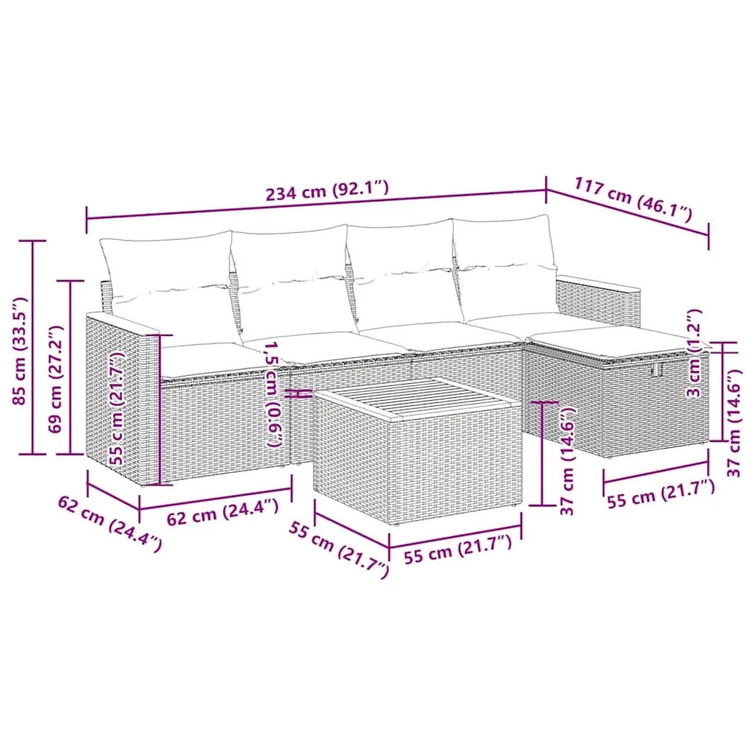 Schwarze 6-tlg. vidaXL Garten-Sofagarnitur aus Rattan mit Kissen, Maße siehe Bild.