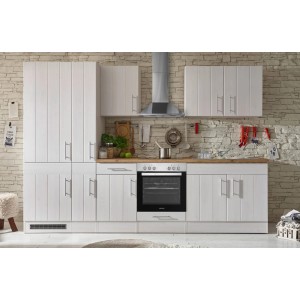 Respekta Landhausküche, 300 cm, Lärche Weiß matt mit E-Geräten und Apothekerschrank.