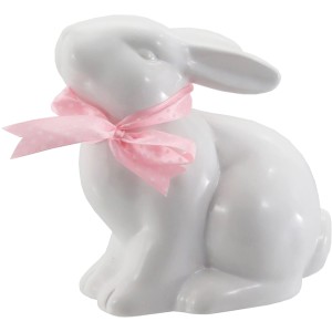 Weißer Deko-Hase aus Keramik mit rosa Schleife für Ostern, 14x9cm.