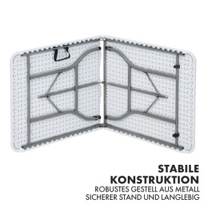 Zusammengeklappter, weißer KARAT Klapptisch Akita Gartentisch mit robustem Stahlgestell.