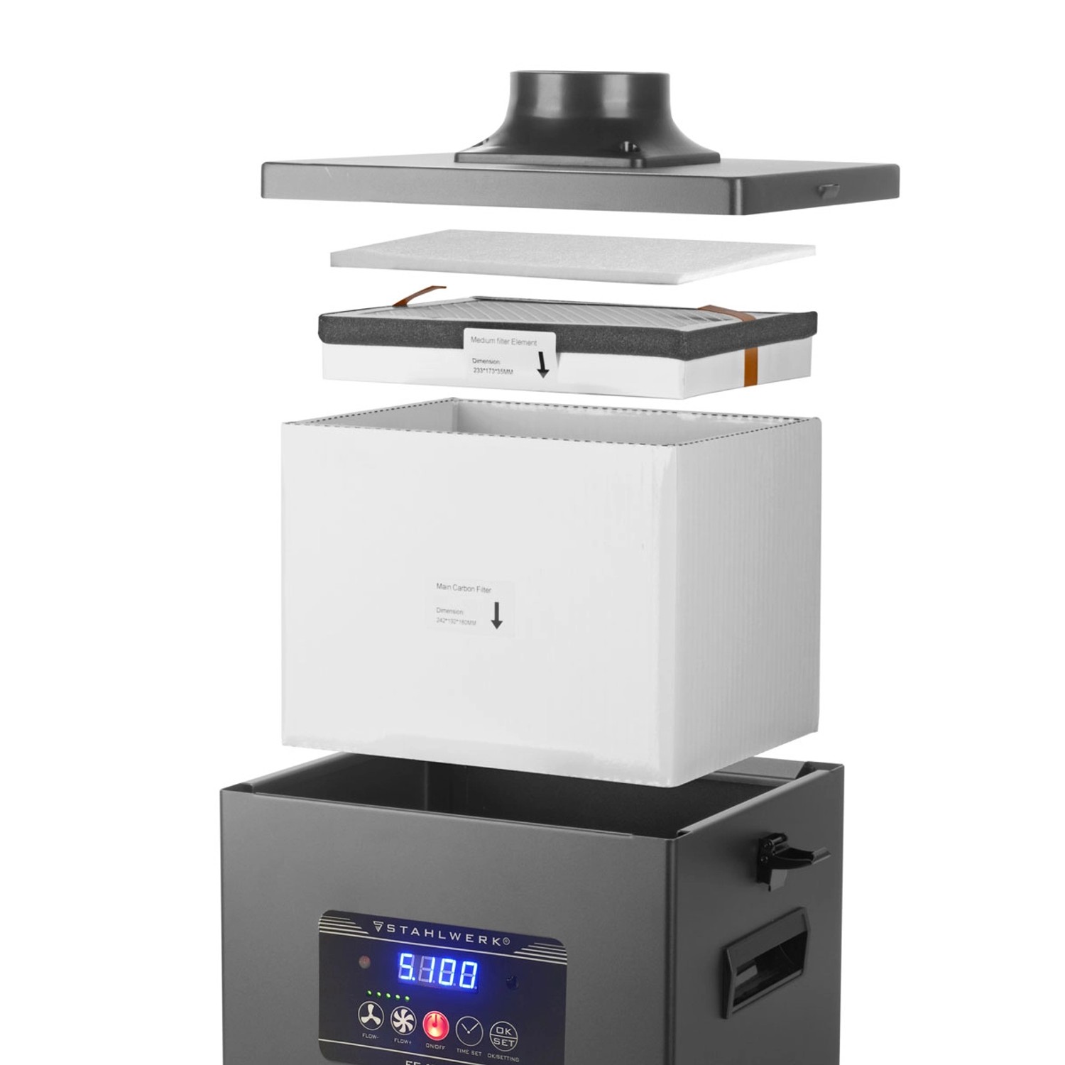 STAHLWERK Rauchabsaugung FE-150 ST mit 3-fach Filter, Ansaugschlauch und Absaugglocke im Detail.