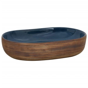Ovales Keramik-Aufsatzwaschbecken in Braun und Blau mit Holzmaserung, 59x40x14 cm.