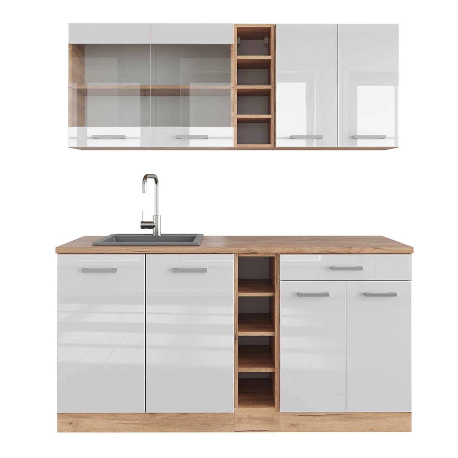 Vicco R-Line Singleküche Weiß Hochglanz/Goldkraft Eiche 160 cm AP Eiche günstig online kaufen