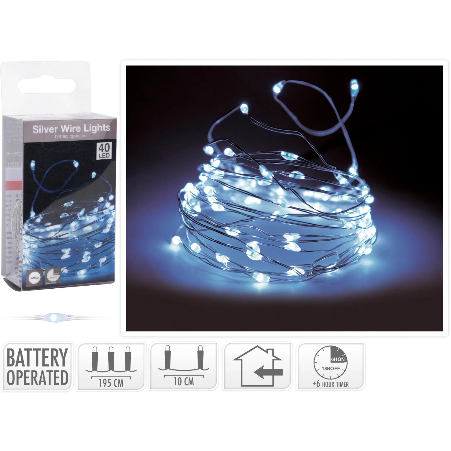 LED Lichterkette 40 kaltweiße LEDs Silberdraht innen batteriebetrieb