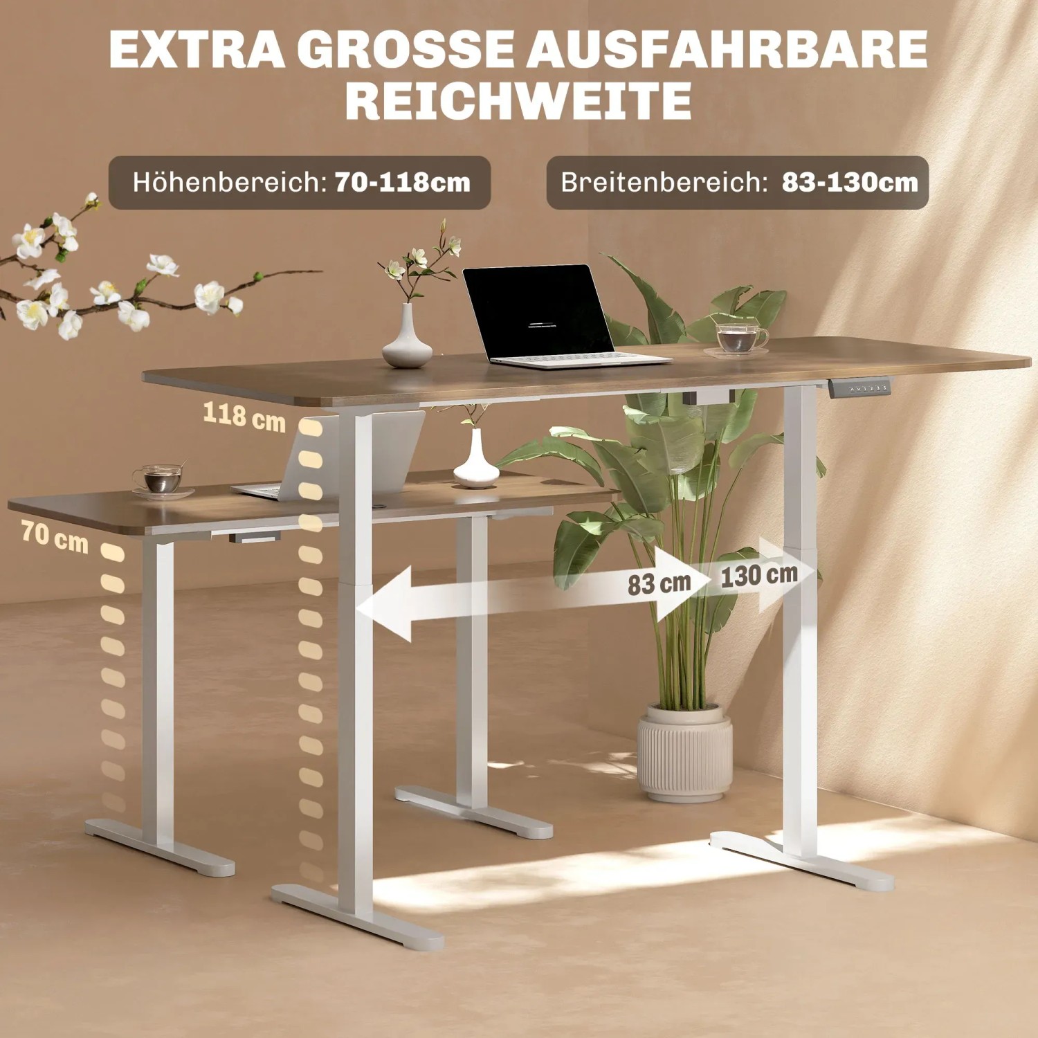 Höhenverstellbares Schreibtischgestell von HOMCOM, weiß, mit zwei Motoren und Memory-Funktion. Verstellbereich von 70 bis 118 cm.