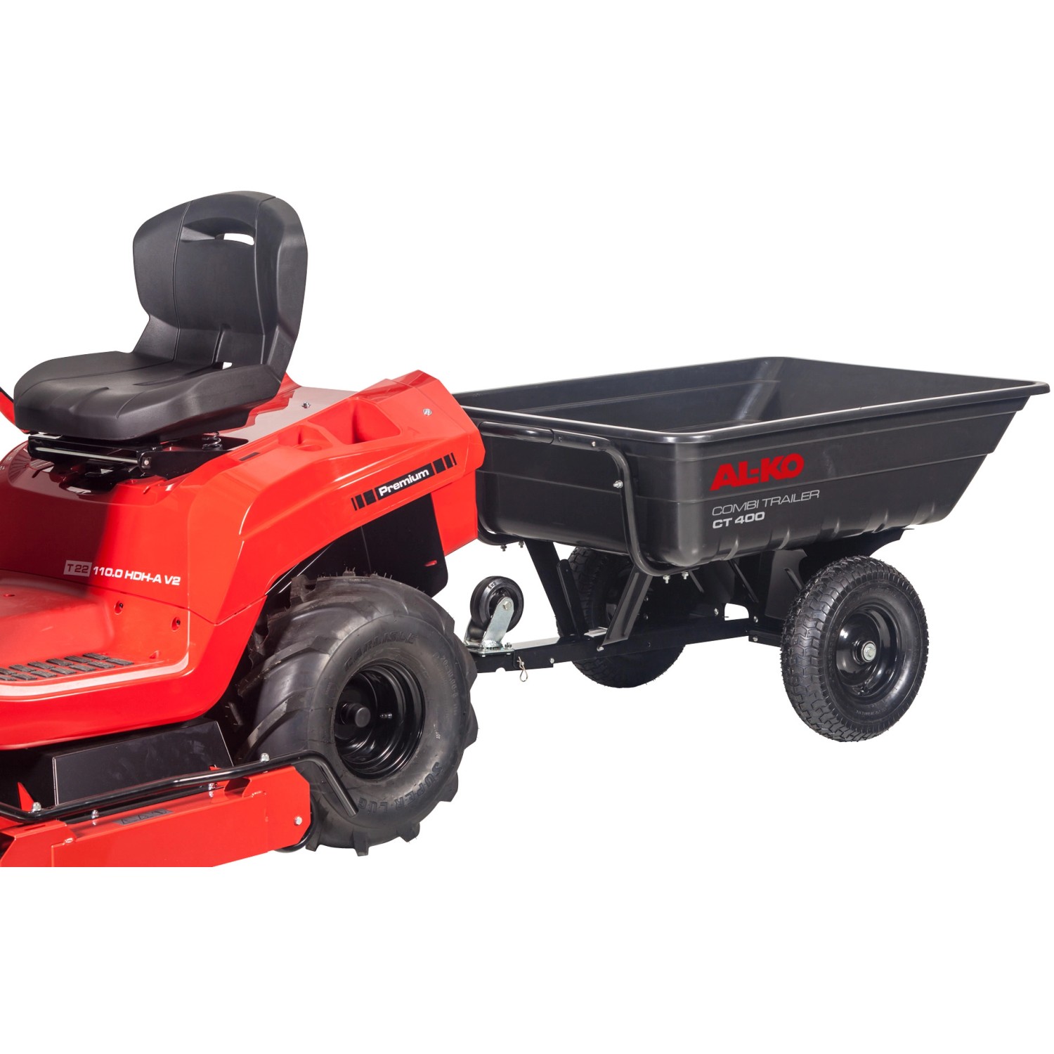 Al-Ko Combi Trailer CT 400 am Rasentraktor, Zubehör für Gartentraktoren.
