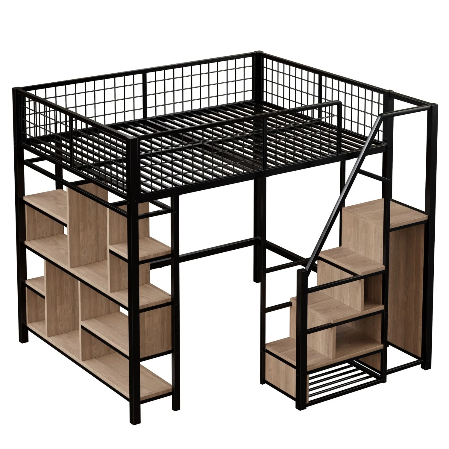 Merax Hochbett 140x200cm Metall Stauraum Treppe Schwarz