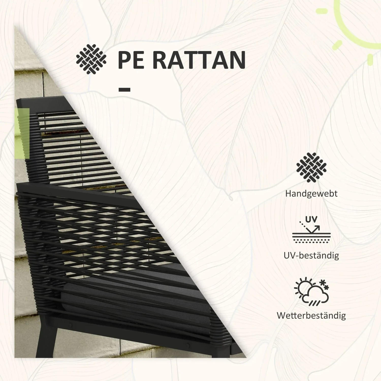 Detailaufnahme: Schwarzes Outsunny Rattan Gartenmöbel-Set, wetterfest & UV-beständig.