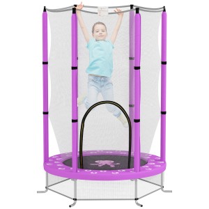 AIYAPLAY Kindertrampolin, violett, mit Sicherheitsnetz und springendem Kind.