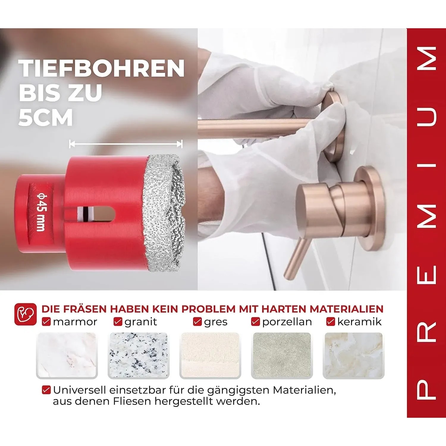 PROREGAL Diamant-Bohrkronenaufsatz 50mm für Fliesen, Glas, Stein mit Winkelschleifer im Einsatz.