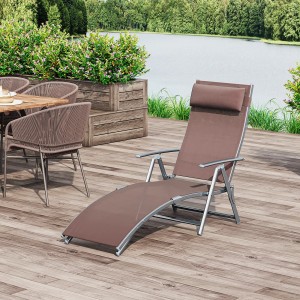 Klappbare, braune Outsunny Sonnenliege mit Kissen, Metallgestell und Textilbezug.