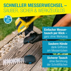 Gloria FineCut Compact: Gras- und Strauchschere mit werkzeuglosem Messerwechsel für präzise Gartenarbeit.