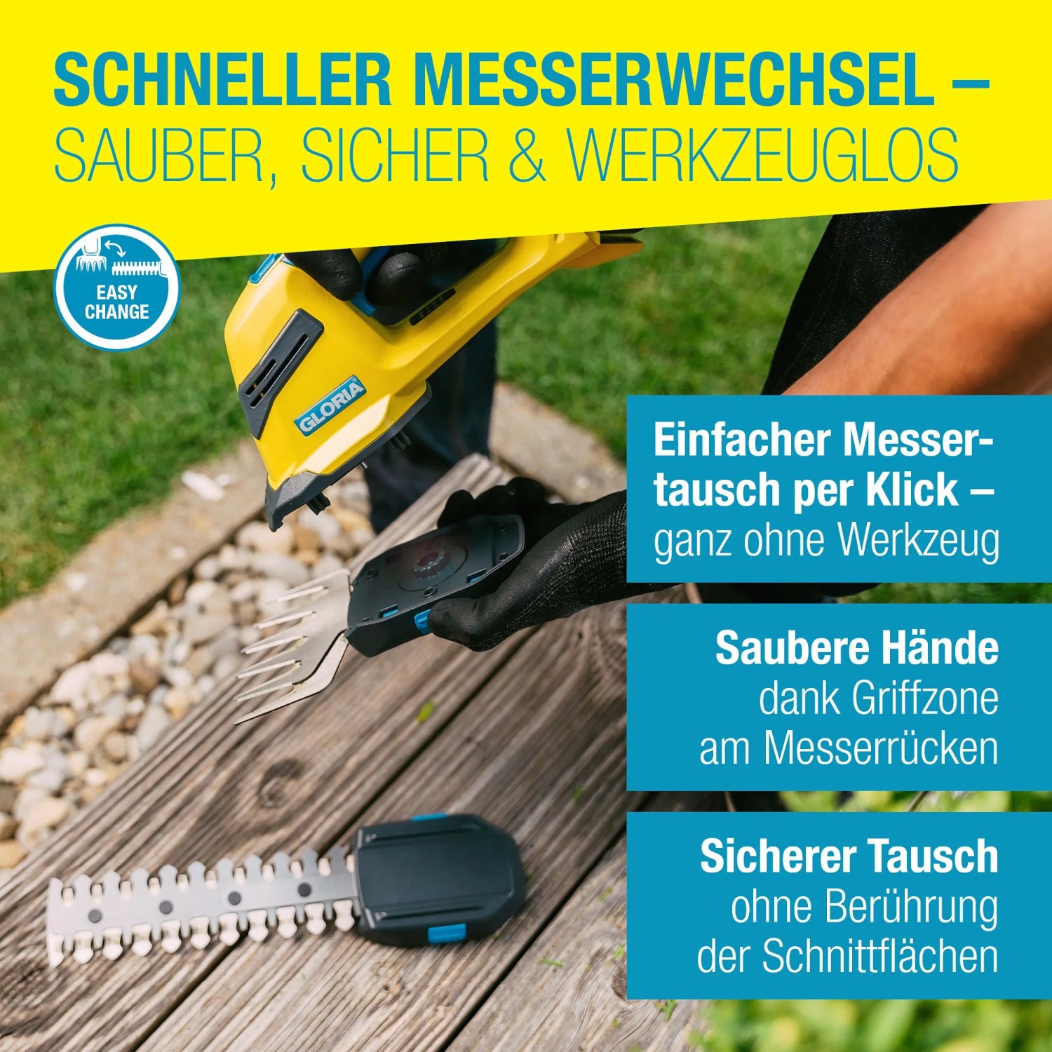 Gloria FineCut Compact: Gras- und Strauchschere mit werkzeuglosem Messerwechsel für präzise Gartenarbeit.