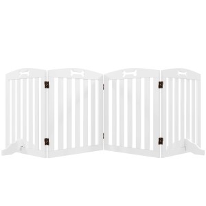 Freistehendes, weißes PawHut Hundegitter aus MDF, 207,5x30x61cm, mit Knochenmuster.