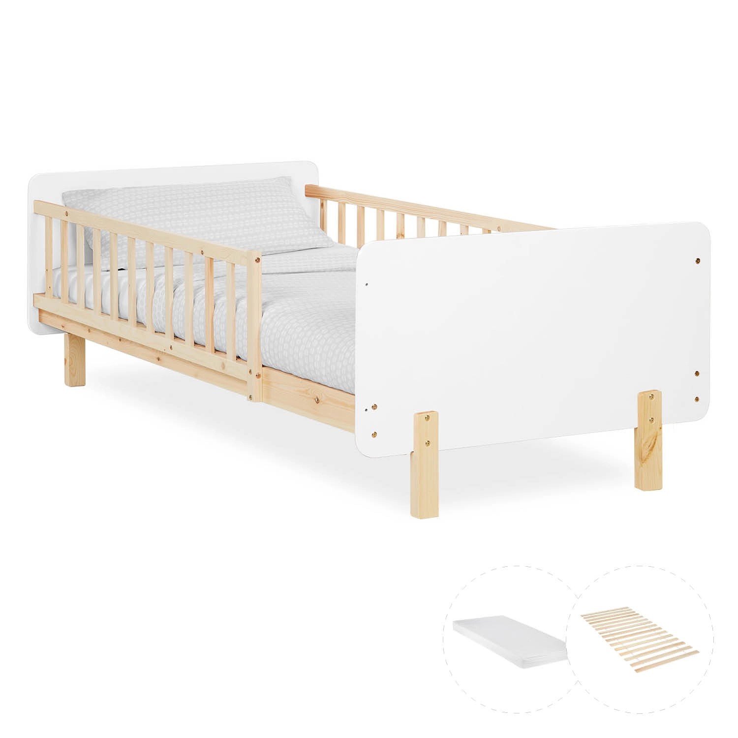 Homestyle4u Kinderbett 90x200 mit Raufallschutz Lattenrost Matratze Weiß 2801
