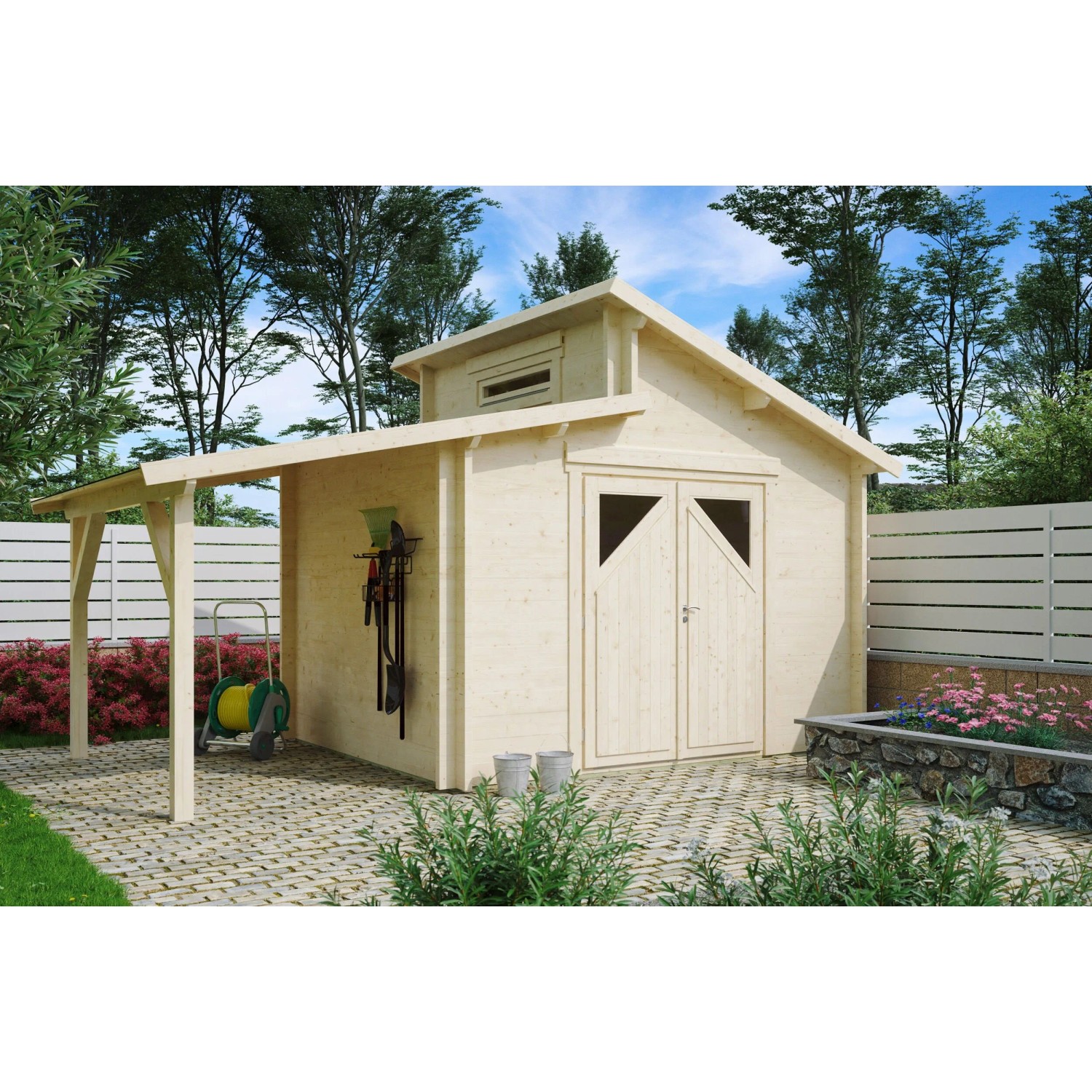 Fjordholz Gartenhaus Modell Varianta 44 C +SD Naturbelassen Moderne Tür Klarglas