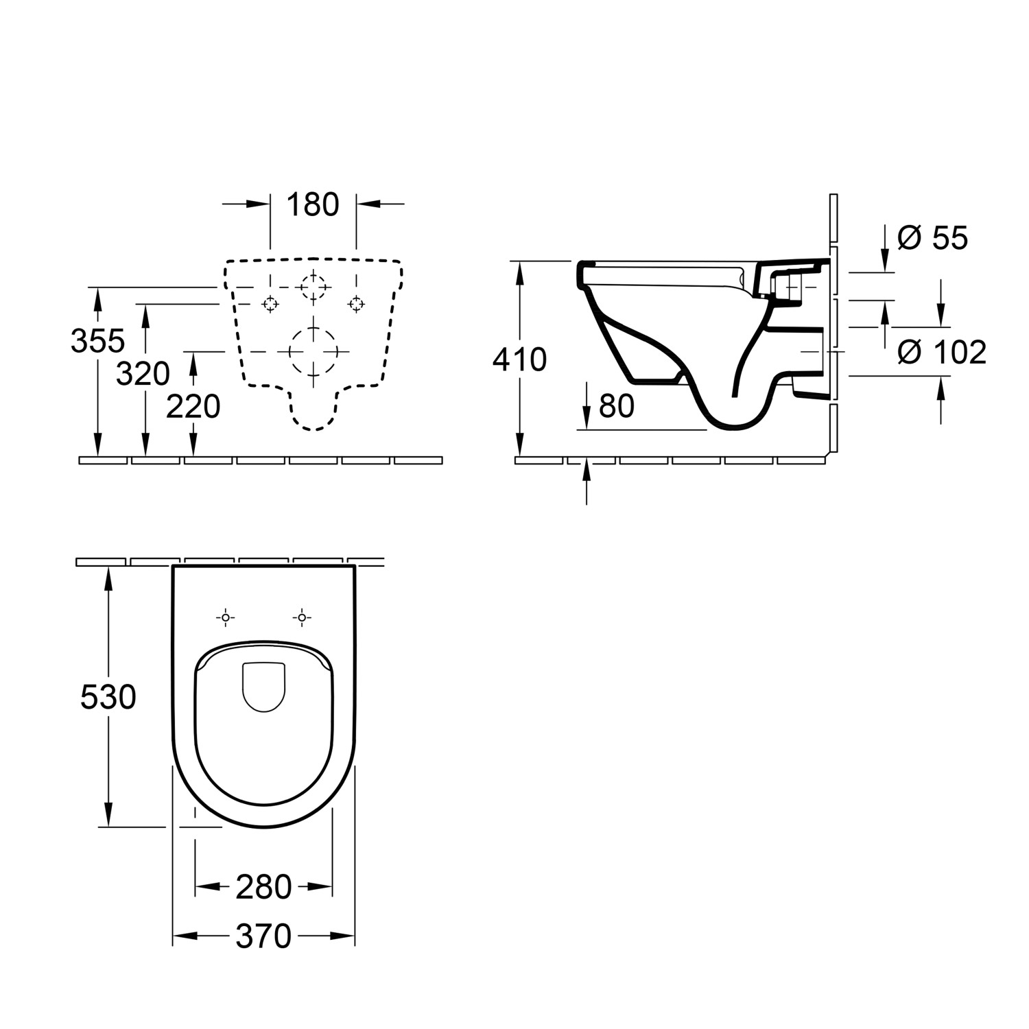 Technische Zeichnung Villeroy & Boch Architectura Wand-WC-Set, Maße und Details.