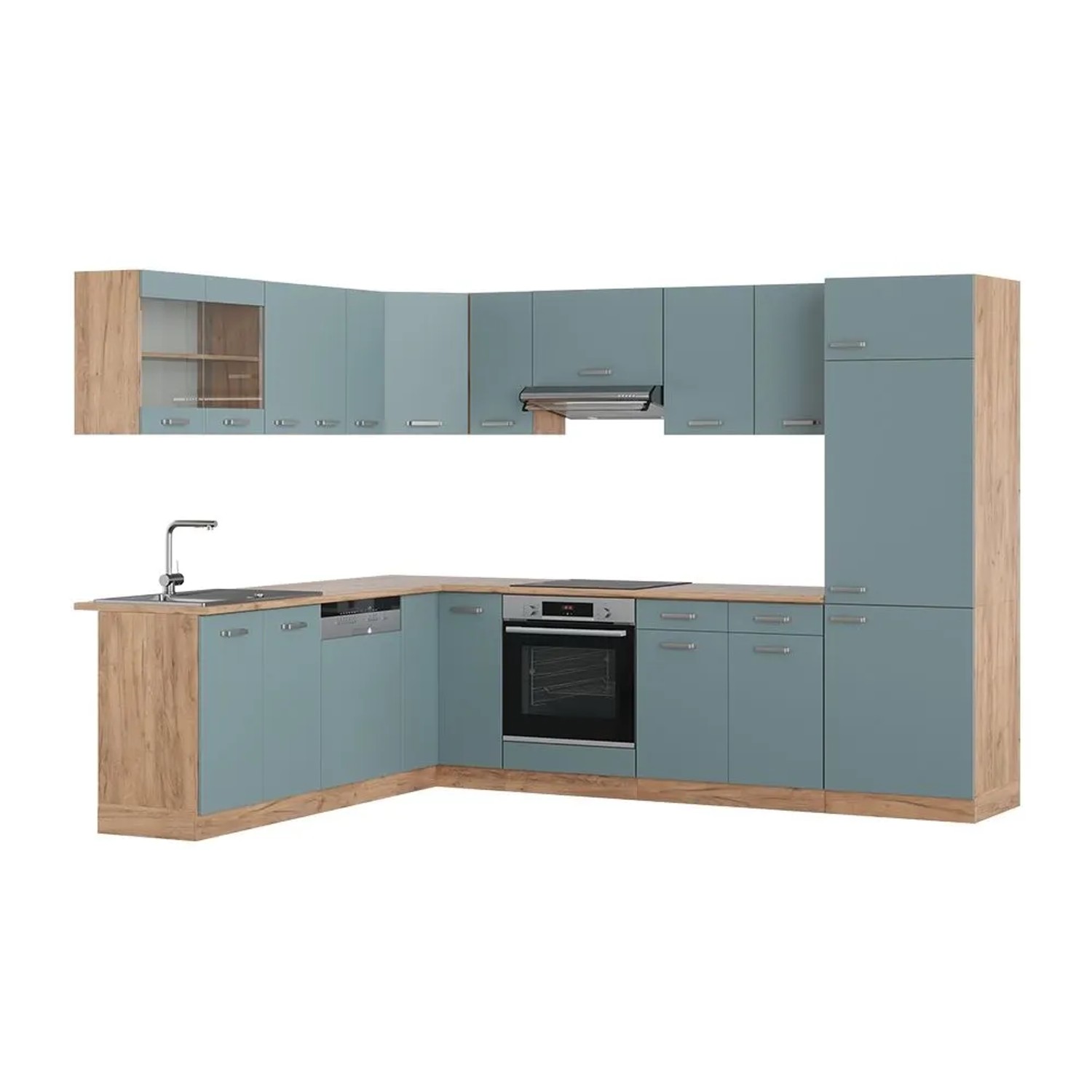 Vicco Eckküche R-Line Blau-Grau/Goldkraft Eiche 287 x 82 ohne Arbeitsplatte