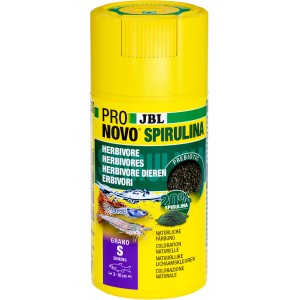 JBL Spirulina Grünfuttergranulat für Aquariumfische & Garnelen in gelber Dose.