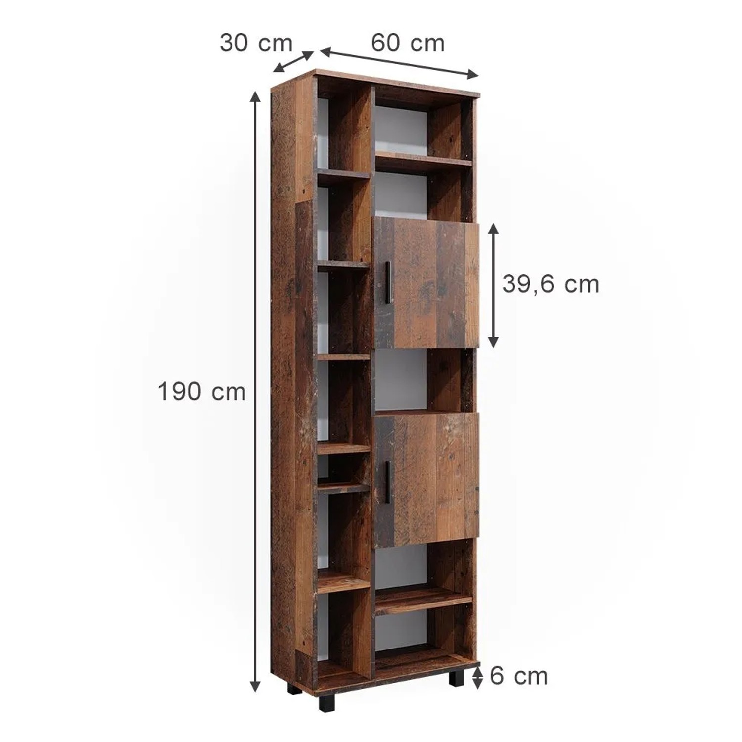 Vicco Badschrank Ilias Eiche Rustikal, 60x190cm, mit Türen und offenen Fächern.