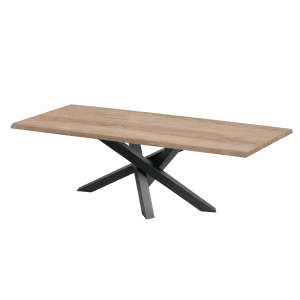 holz4home Esstisch: Tisch mit Eichenholzplatte und schwarzem Spider-Gestell aus Metall.