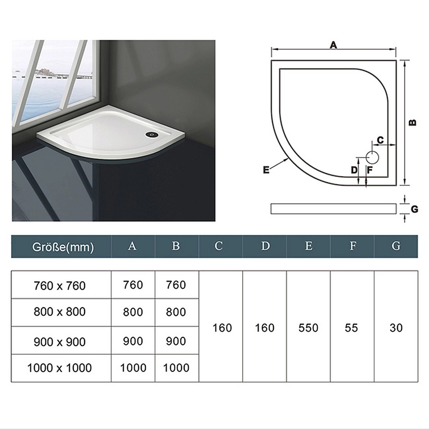 AICA Viertelkreis Duschtasse 80x80cm aus Kunststein mit Acrylbeschichtung.