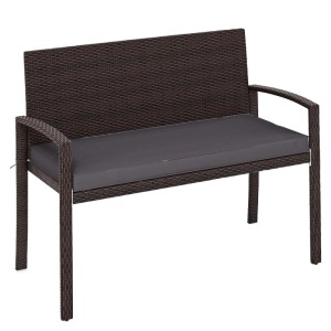Graue Costway Polyrattan Gartenbank mit Sitzkissen für 2 Personen.