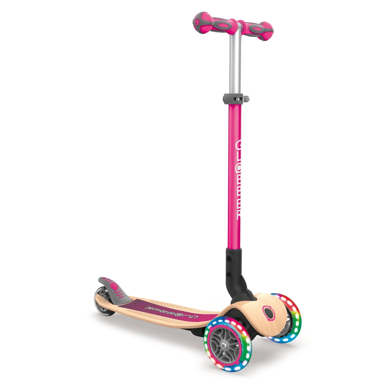 Globber Primo Foldable Wood Lights Tretroller 120/80 mm ABEC 5 3-Rädrig LED-Leuchtrollen Holzdeck Pink