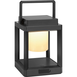 Schwarze, eckige Solar-LED-Laterne (13,5x13,5x18cm) mit Tragebügel für Garten, Balkon und Terrasse.