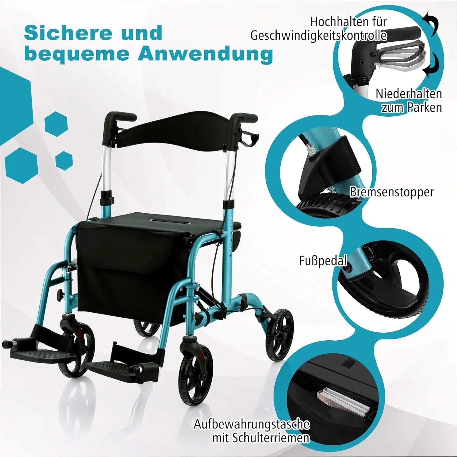 Costway Rollator Faltbar und Leicht mit Sitz 2-In-1 Rollstuhl Blau_4