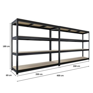 PROREGAL Mega Deal 2x Schwerlastregal Dino HxBxT 180x200x60cm 4 Spanplatten-Ebenen 16mm Fachlast 500kg Schwarz