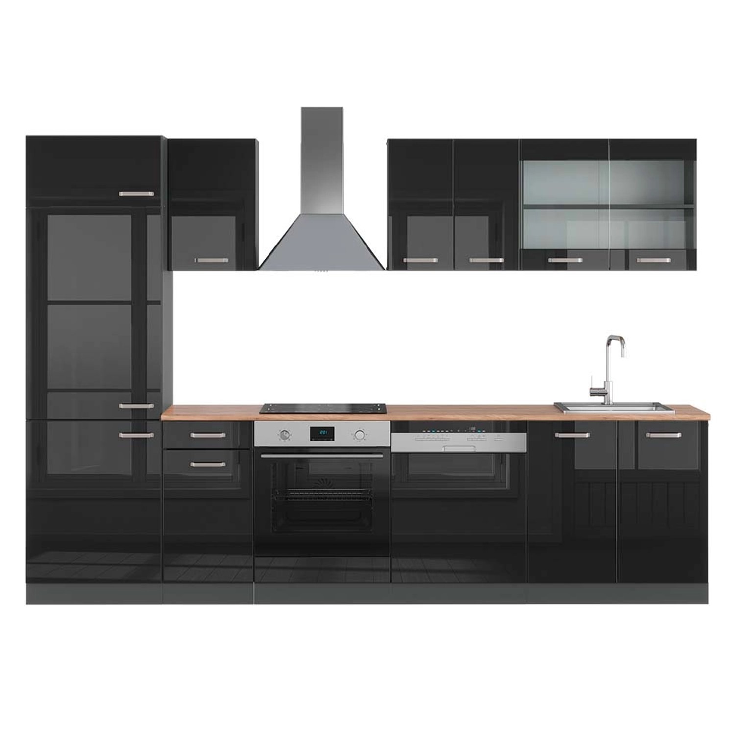 Vicco R-Line Küchenzeile Schwarz Hochglanz/Anthrazit 300 cm AP Eiche günstig online kaufen