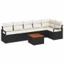 Schwarzes 7-teiliges Garten-Sofa-Set mit Kissen und Tisch aus Poly Rattan von vidaXL.