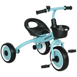 AIYAPLAY Dreirad Kinderfahrrad in Hellblau mit Korb und verstellbarem Sitz.