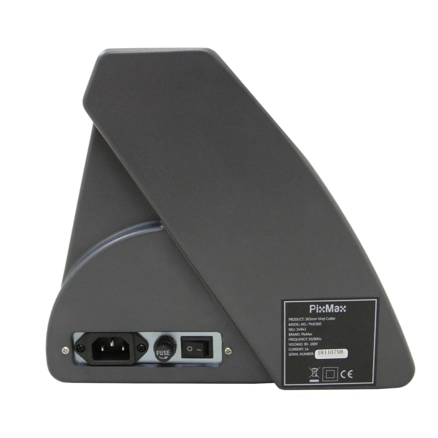 PixMax Mini Schneideplotter 525mm, Rückansicht mit Stromanschluss und Schalter.