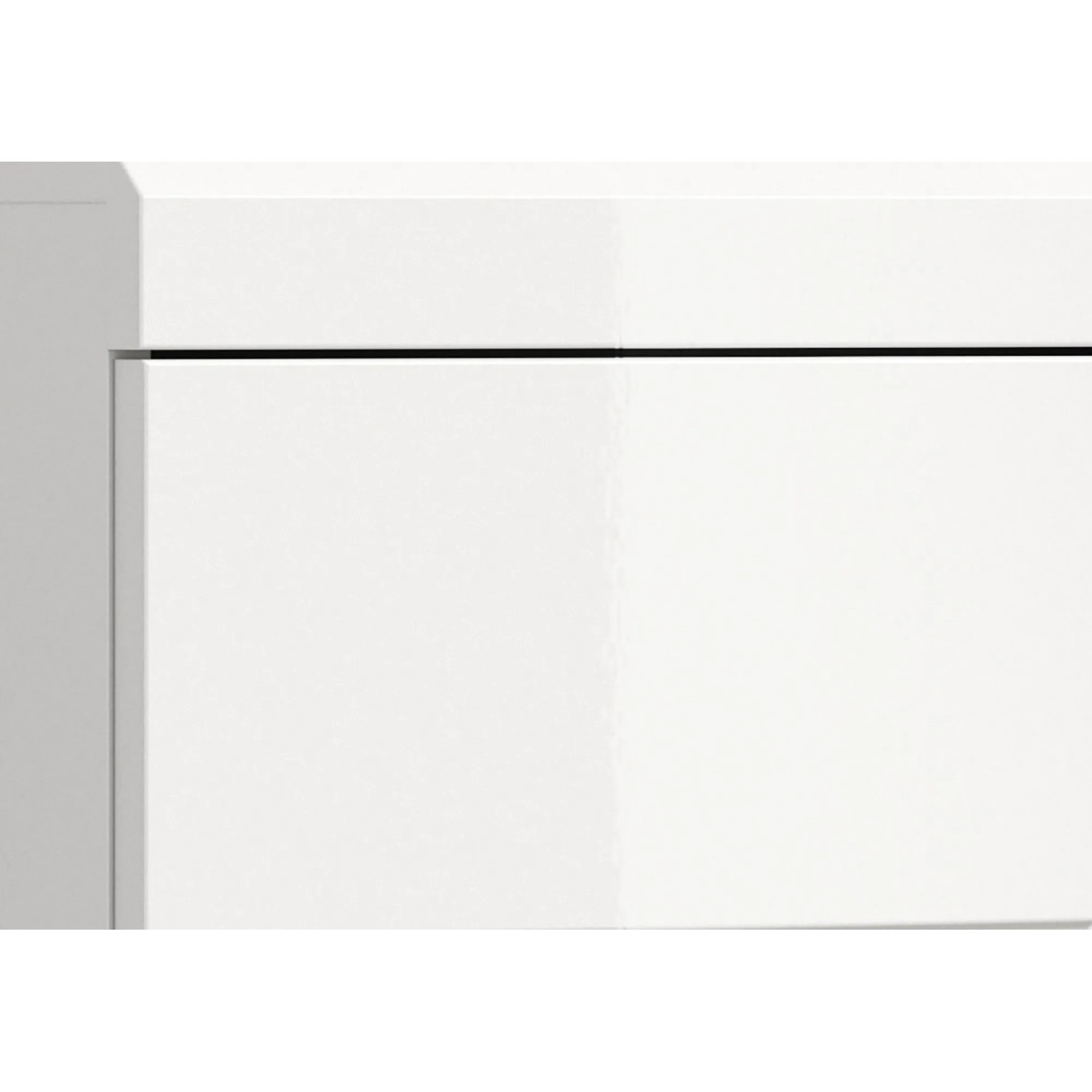 Waschbeckenunterschrank, 60cm, weiße Hochglanzfront mit Schubladen.