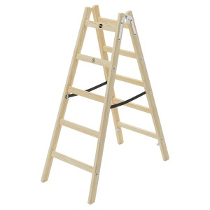 Hailo Holz-Doppelsprossenleiter mit 2x5 Sprossen, unbehandeltes Kiefernholz, Eimerhaken und Spreizsicherung.
