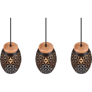 Reality Pendelleuchte Bidar, 3-flammig, schwarz-gold, mit Holzdetails. Moderne Hängelampe für Wohnräume.
