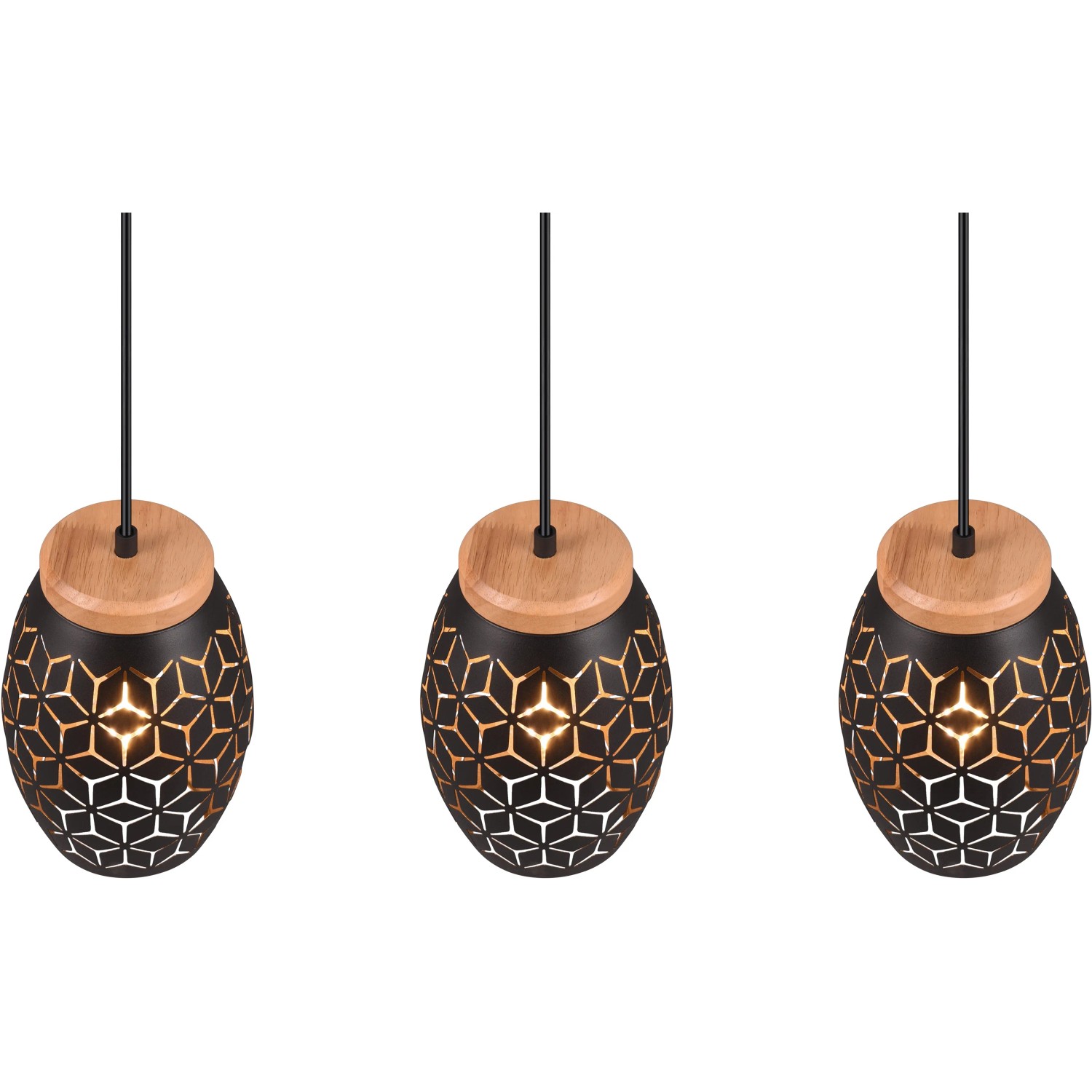 Reality Pendelleuchte Bidar, 3-flammig, schwarz-gold, mit Holzdetails. Moderne Hängelampe für Wohnräume.