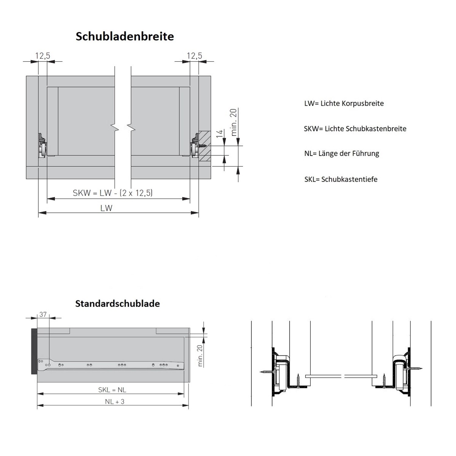 Technische Zeichnung: MS Beschläge Rollenführung, Schubladenschiene mit Maßen für Schubladenbreite und -tiefe.