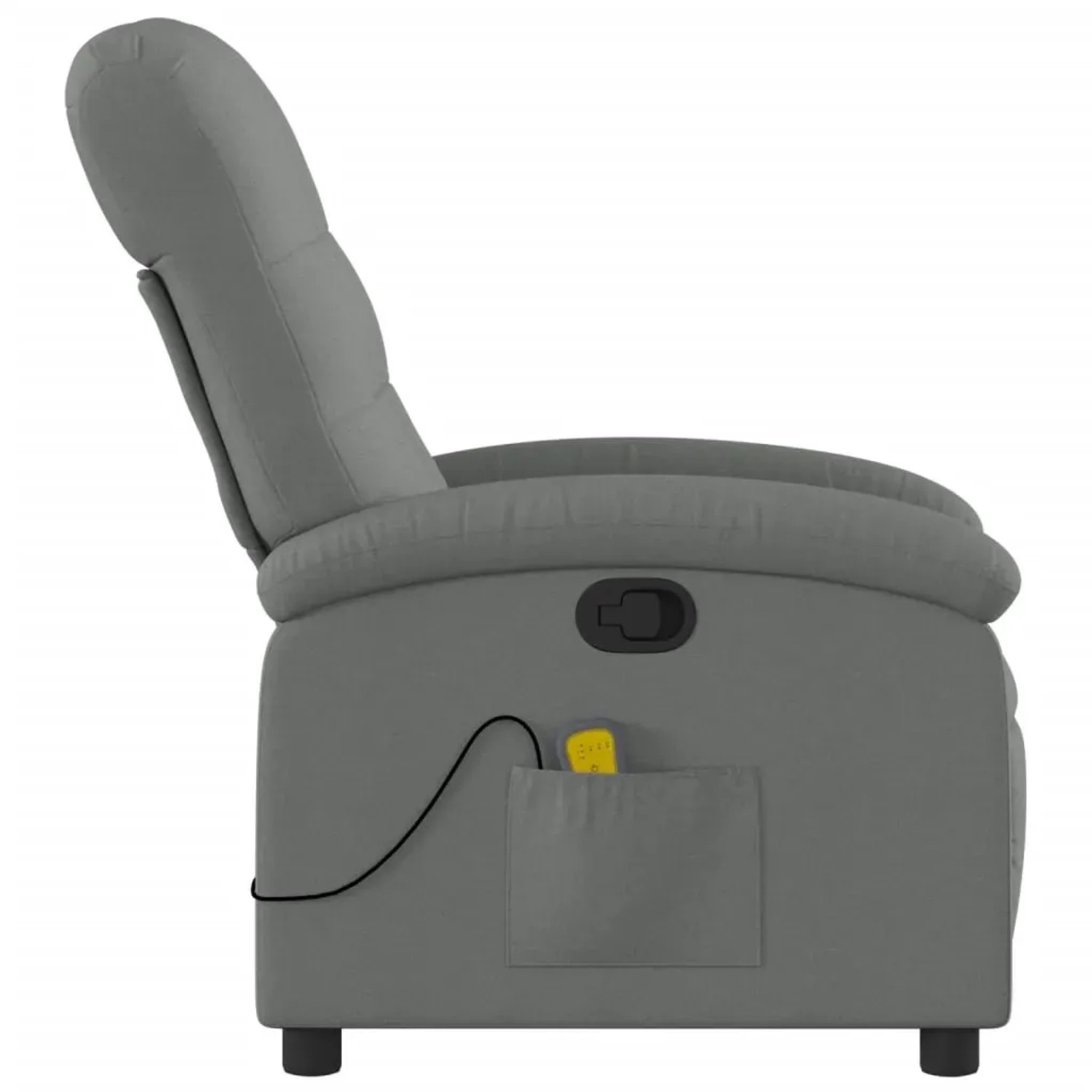 Dunkelgrauer vidaXL Massagesessel Modell 4 aus Samt, Seitenansicht. Relaxsessel mit Vibrationsmassage und Seitentasche.