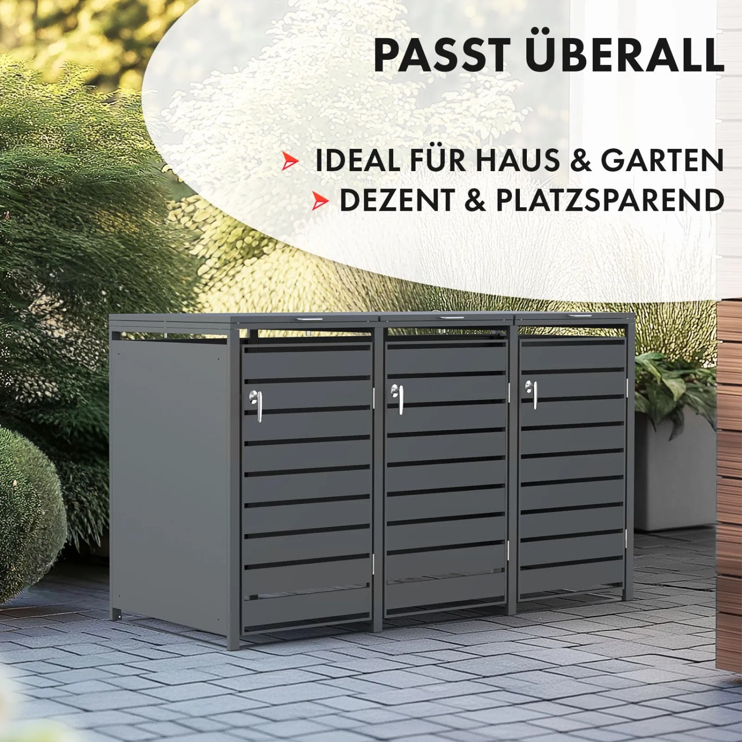KARAT Mülltonnenbox Magnus, 3-türig, mit Edelstahlrahmen. Ordnungssystem für den Garten.