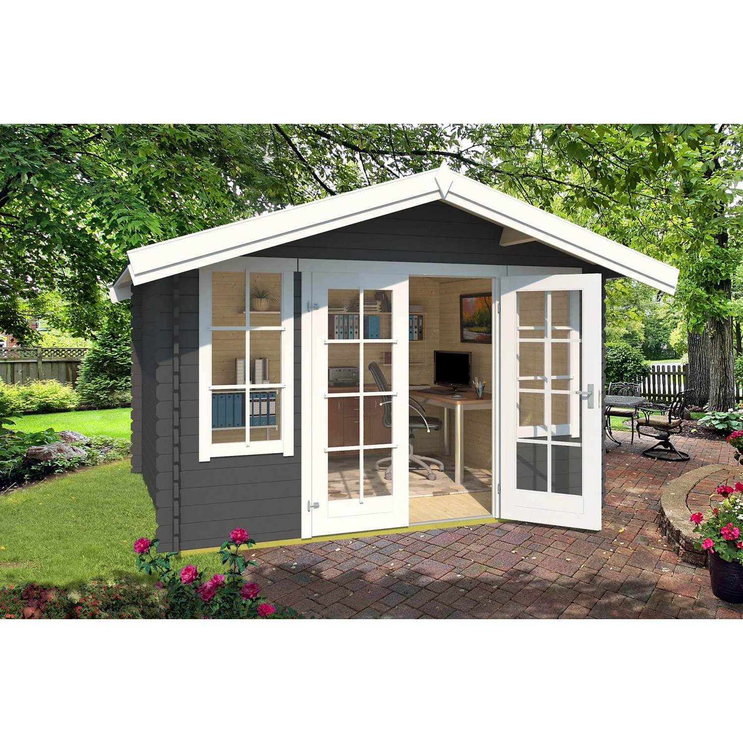 Lasita Holz-Gartenhaus Robin 280 Satteldach Carbongrau Lasiert 330 cm x 280 cm