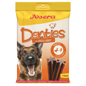 Josera Denties Hunde-Zahnpflegesnacks mit Ente & Karotte, 180g Packung mit Hund und Kaustangen.