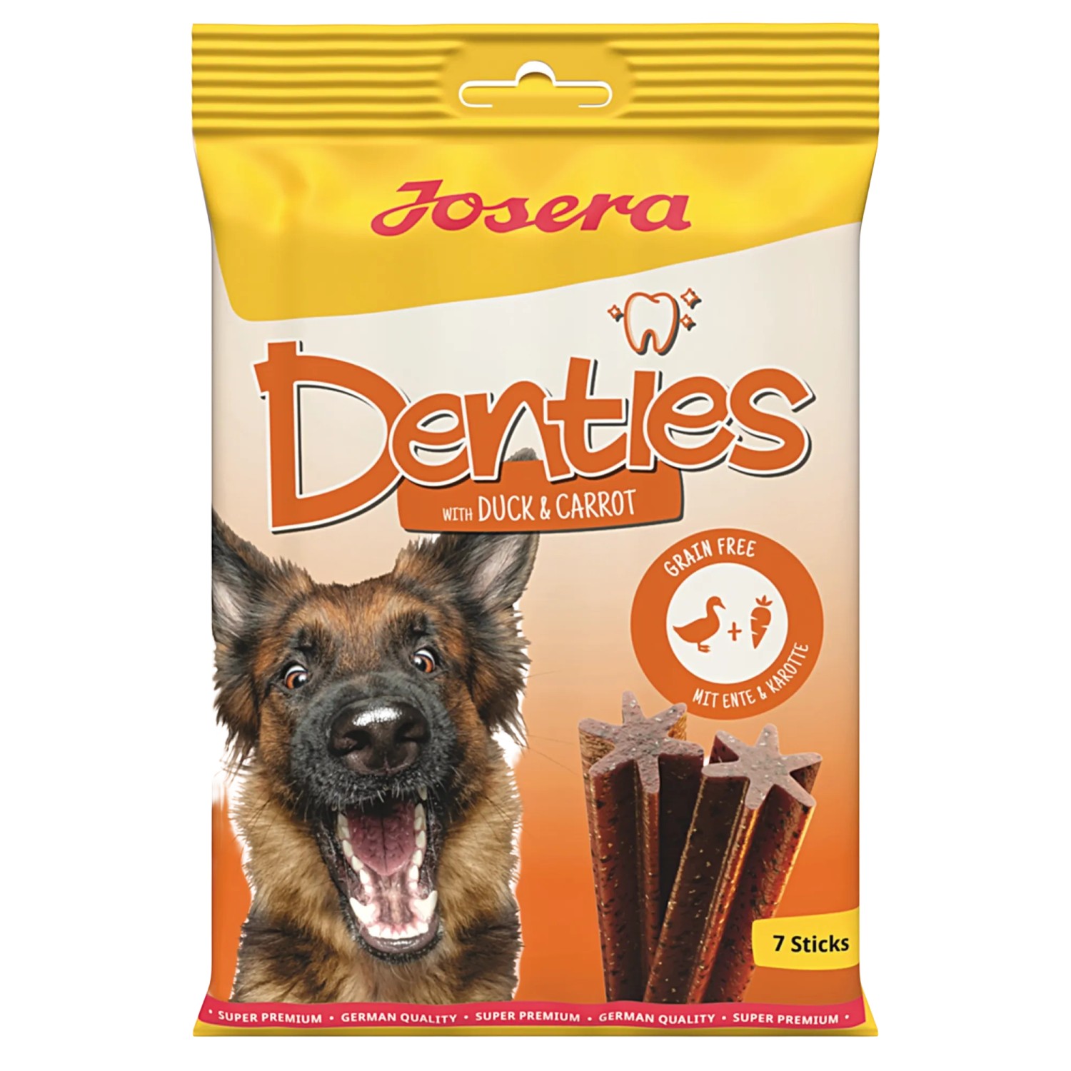 Josera Denties Hunde-Zahnpflegesnacks mit Ente & Karotte, 180g Packung mit Hund und Kaustangen.