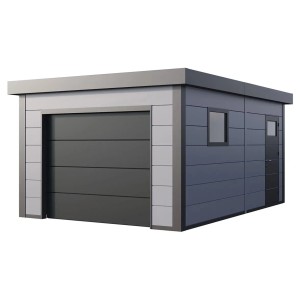 Hellgraue Fertiggarage 3654 mit Rolltor, Fenster und Tür. Ideal als wartungsarme PKW Garage.