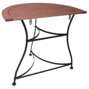 Halbrunder Gartentisch Wien von Garden Pleasure, braune Holzplatte, schwarzes Stahlgestell, 85x54 cm.