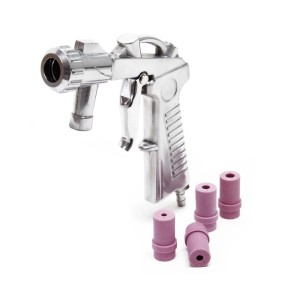 Silberne Wiltec Sandstrahlpistole aus Alu mit 4 rosa Keramikdüsen. Zubehör für Druckluft-Kompressoren.