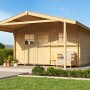 Unbehandeltes Weka Holz-Gartenhaus mit Satteldach und überdachter Veranda im Garten.