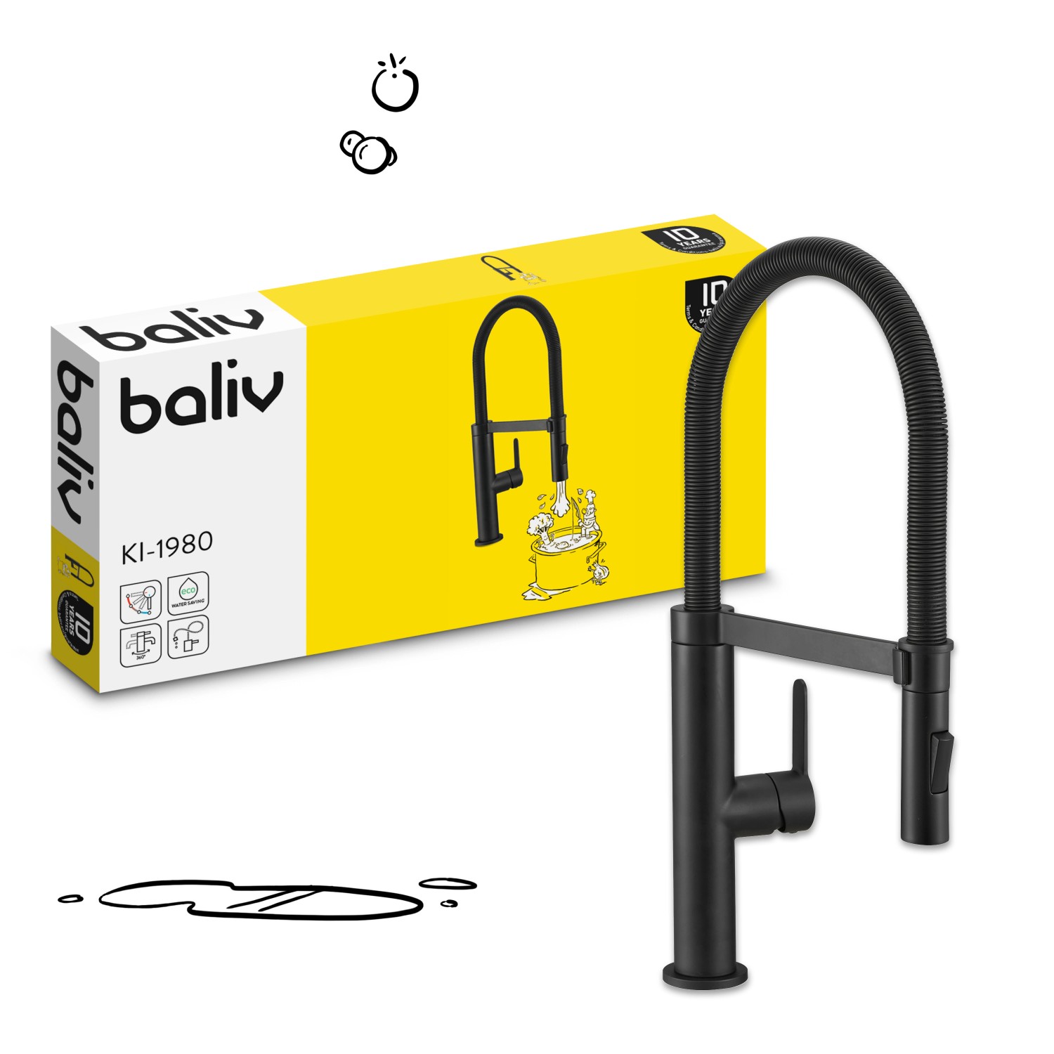 baliv Küchenarmatur KI-1980, Einhebelmischer in Schwarz Matt mit flexiblem Schlauch.